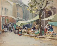 Market Gathering by Mabel May Woodward, Watercolor on paper, sold Aug 2025