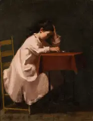 Eastman Johnson, Young Girl Reading at a Table, Oil on canvas