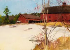 Curtis W. Hanson, Red Barn at Winter, Oil on canvas