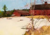 Curtis W. Hanson, Red Barn at Winter, Oil on canvas