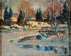 Vivien Milner Akers, Winter River, Oil on canvas laid to panel