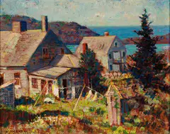 Vivien Milner Akers, "Mrs Winnepaws Clothesline" Monhegan Island, Maine, 1942-43, Oil on panel