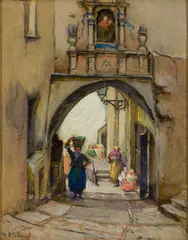 Street Scene by Mabel May Woodward, Gouache on paper laid to board, sold Mar 2025