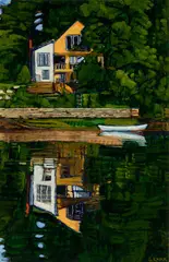 Sarah Knock, Cottage with Boat, Oil on paper