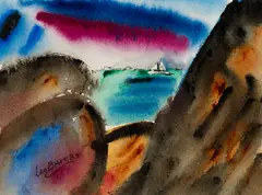 Sailboat and Rocks by Leo Brooks, Watercolor on paper, sold Mar 2025