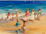Carol Whorf Westcott, Women and Children at the Beach, Oil on canvas