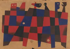 Three Figures by Carlos Mérida, 1981, Oil on fiberboard, sold Mar 2025