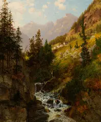 Hermann Herzog, Mountain Stream with Fisherman, Oil on panel
