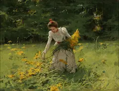 Charles Chambers, Young Lady Picking Wildflowers, Oil on canvas