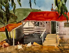 James Fitzgerald, Farmhouse with Chickens, Watercolor on paper