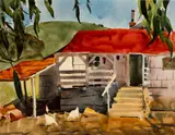 James Fitzgerald, Farmhouse with Chickens, Watercolor on paper