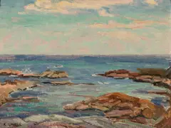 Ogunquit View by Katherine Lovell, 1942, Oil on canvasboard, sold Mar 2025