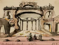 Set Design for The Island God by Eugene Berman, 1942, Watercolor and ink on paper, sold Mar 2025