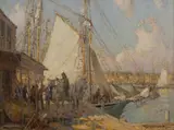 Frederick John Mulhaupt, Unloading the Catch, Oil on canvas board on masonite