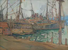 Jane Peterson, Boats at a NY Dock, 1916, Gouache and charcoal on paper
