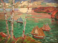 Jonas Lie, Sailing (Sailboats in a Harbor), Pastel on paper on board