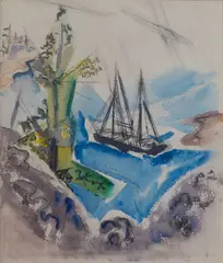 "Within the 3 Mile Limit" (Tree by John Marin, Rocks, and Schooner), 1921, Watercolor and ink on paper, sold Oct 2024