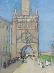 Jane Peterson, Bridge Tower, Prague, Gouache and charcoal on paper
