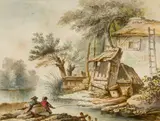 Jean-Baptiste Huet, Boys Fishing by the Mill, Watercolor on paper