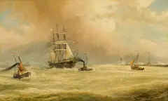 French Ships on Stormy Sea by Cornelis Christiaan Dommersen, 1917, Oil on linen, sold Apr 2024