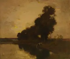 Frederick W. Kost, Cow Drinking at Sunset, Oil on linen