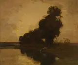 Frederick W. Kost, Cow Drinking at Sunset, Oil on linen