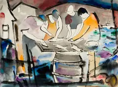 Leo Brooks, Cleaning Fish, Monhegan, 1984, Watercolor on paper