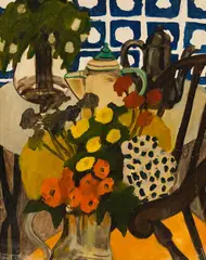 Mary Beth Edelson, Still Life with Flowers, Oil on canvas