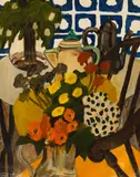 Mary Beth Edelson, Still Life with Flowers, Oil on canvas
