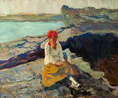 Walt Kuhn, Woman in Red Scarf Near the Seashore, Oil on canvasboard