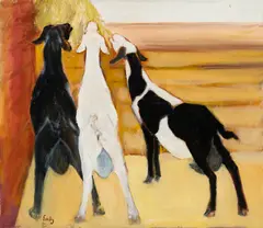 Goats Eating Hay by Emily Lansingh Muir, Oil on canvas, sold Apr 2024