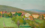 Edmond Marie Petitjean, Hillside Village, Oil on board
