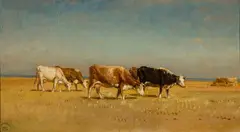 Cows at Pasture by the Water by Samuel Colman, Oil on canvas, sold Apr 2024