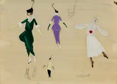Osbert Lancaster, Four Dresses, 1952, Gouache and pencil on paper