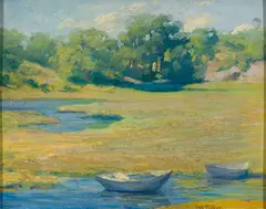 Caroline Pitkin, Boat in Marsh, Oil on canvasboard