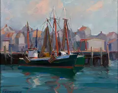 Lester E. Chadbourne, Gloucester Fishing Boats, Oil on canvasboard