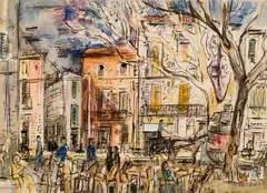 Robert M. Rabinowitz, Café Scene, Watercolor, pen and ink and crayon on paper