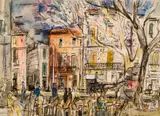 Robert M. Rabinowitz, Café Scene, Watercolor, pen and ink and crayon on paper