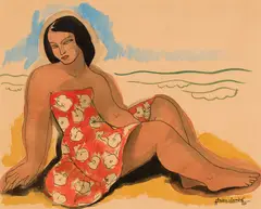 Woman in a Flowered Dress by Pierre Abadie-Landel, 1950, Watercolor on paper, sold Nov 2023