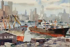 Brooklyn Heights by William Preston, Waterfront, c. 1960, Watercolor on paper, sold Nov 2023