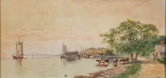 James Brade Sword, Coastal Village with Cattle, Watercolor on paper