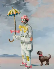 John Morris, Clown with Dead Rose and Umbrella, Oil on canvasboard