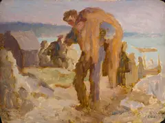 Fisherman Hauling Nets by Edmund Franklin Ward, Monhegan Wharf, Oil on panel, sold Nov 2023