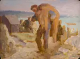 Edmund Franklin Ward, Fisherman Hauling Nets, Monhegan Wharf, Oil on panel