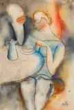 Erich Borchert, Sitting at the Table, 1929, Charcoal and watercolor on rice paper