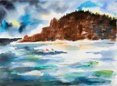 Leo Brooks, Rowers Along the Coast, Watercolor on paper