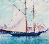 Lillian Burk Meeser, Anchored Sailboat, Oil on canvas