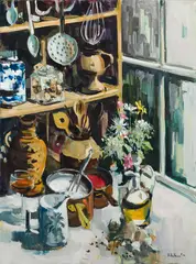 Alfred Chadbourn, Kitchen Larder with Flowers, 1974, Oil on canvas