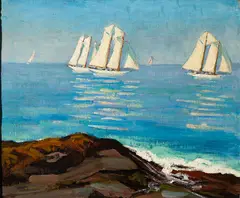 Schooner Race by James Fitzgerald, Oil on canvas laid to board, sold Aug 2023