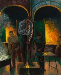Glass Blowers by Ernest Fiene, 1944, Oil on canvas, sold Aug 2023
